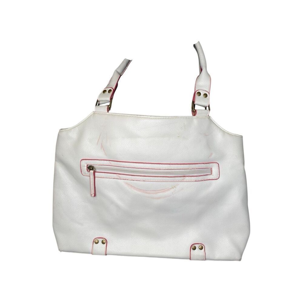 White Faux Leather Large Tote Shoulder Bag Pink Trim Carryall Shopper Purse Bag